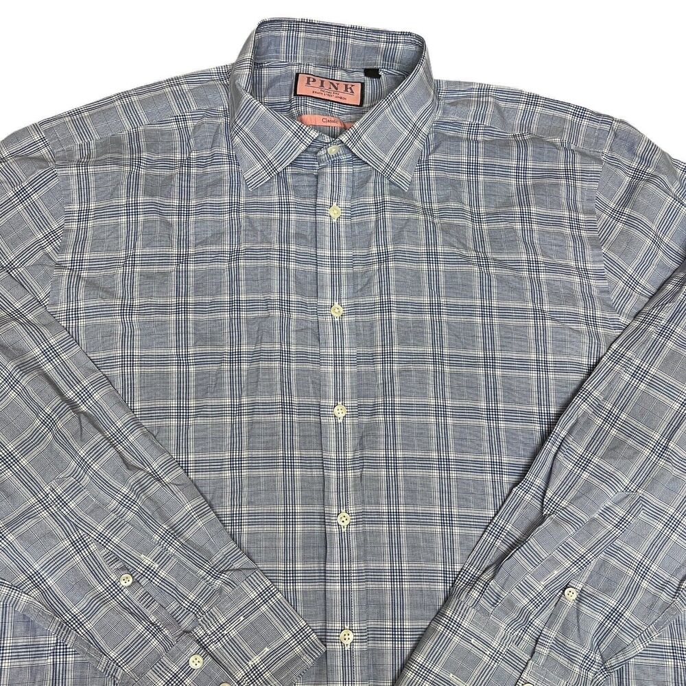 Thomas PINK Shirt‎ Men’s 17-35 Blue Classic Button Up Check Plaid